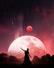 girl dancing in desert like planet silhouette on moon and red planet background space star sky fantasy © Mohith S R