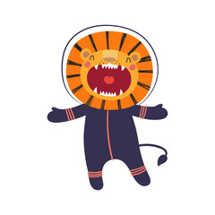Cute funny lion astronaut in space suit cartoon character illustration. Hand drawn animal, Scandinavian style flat design, isolated vector. Kids print element, space adventure, travel, science