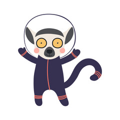 Cute funny lemur astronaut in space suit cartoon character illustration. Hand drawn animal, Scandinavian style flat design, isolated vector. Kids print element, space adventure, travel, science