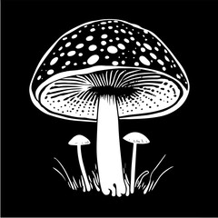 White hand-drawn vector illustration of One fresh mushroom Fly agaric isolated on a black background