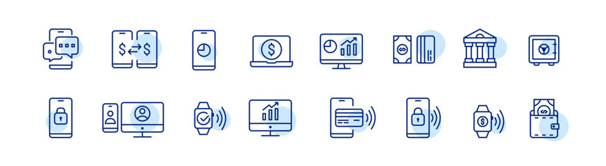 Contactless payment using NFC technology. Smartphone, smart watch, wallet and p2p transactions. Pixel perfect, editable stroke icons