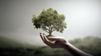 Human hand holding green tree. Ecology and environment concept generative ai