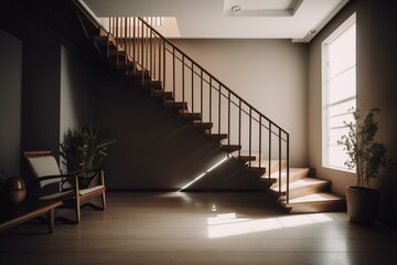 Minimalistic and neutral room with staircase. Generative AI