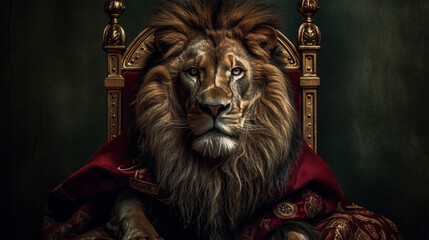 Royal lion wears king costume sitting on a throne closeup. Generative AI