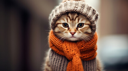 Portrait of a cute cat in a cold winter in a warm knitted hat , Generative ai