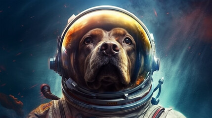 A dog in a spacesuit flies through space among the stars 