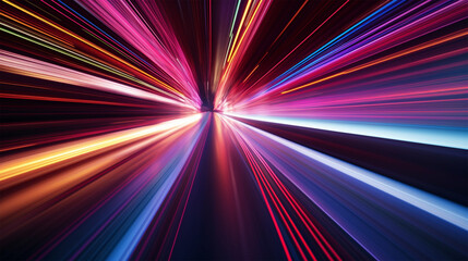 Abstract long exposure dynamic speed light trails background. Generative ai