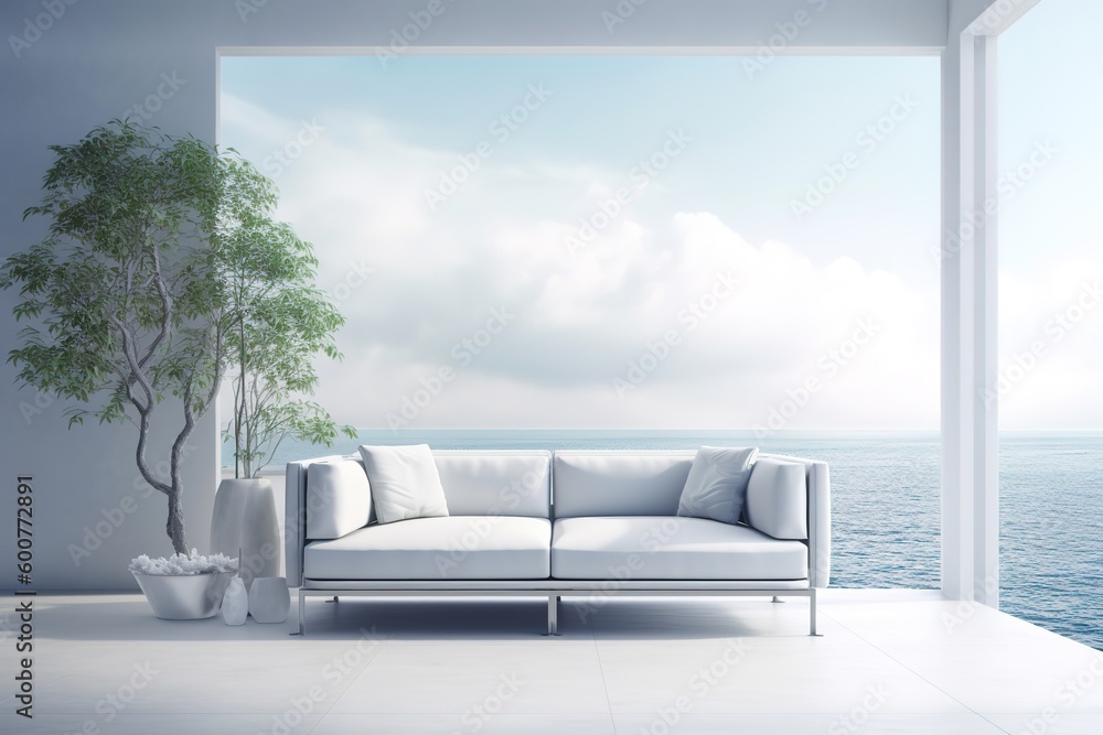 Poster a room with a tree and a white sofa sitting next to each other. generative ai