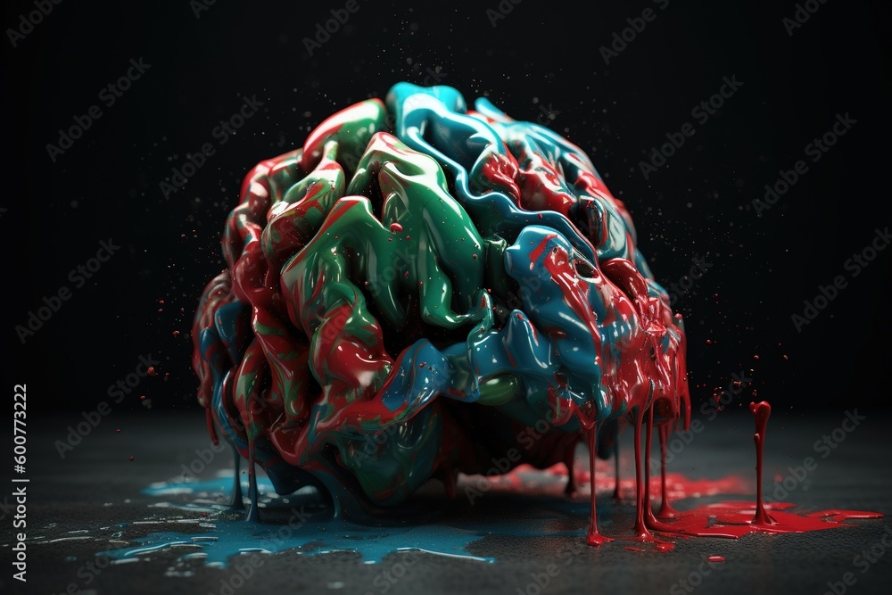 Poster a multicolored brain perched on the surface of the table. generative ai