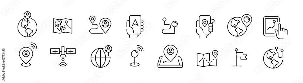 Poster location map pointer, gps tracker, direction and navigation icons. pixel perfect, editable stroke se