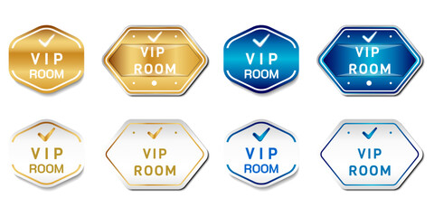 VIP Room sign. On gold, white, and blue colors. Premium and luxury label emblem vector template