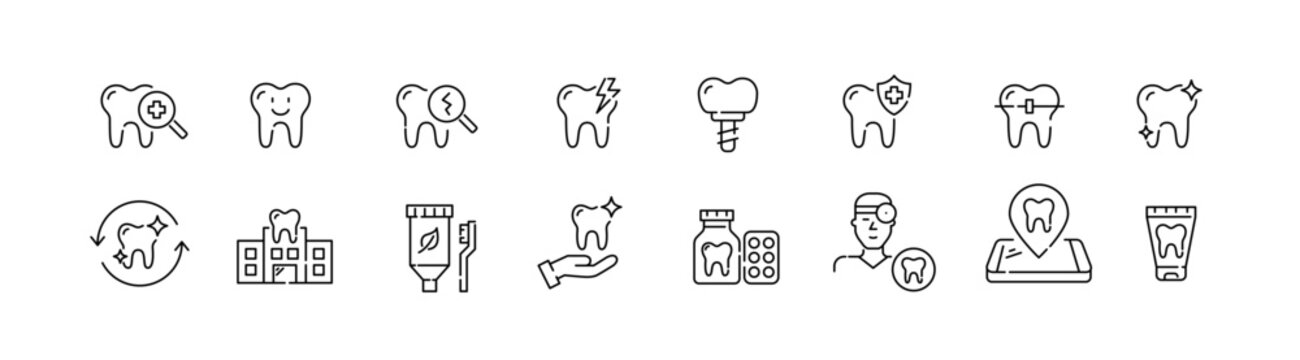 Set of dental health related icons. Dentistry, orthodontic treatment and hygiene. Pixel perfect, editable stroke icons set