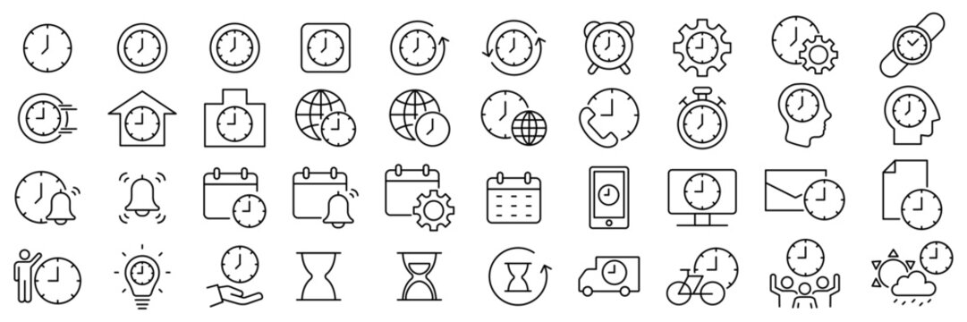 Collection of basic vector line icon illustrations about clocks and time
