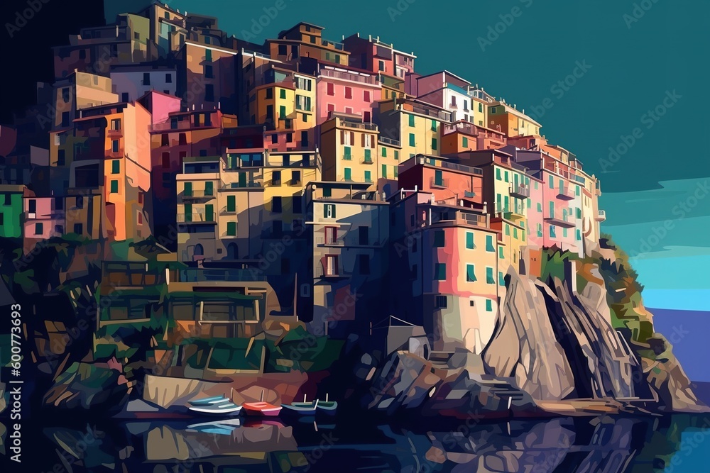 Poster a picture of a town perched on the edge of a cliff with a view of a body of water generative ai