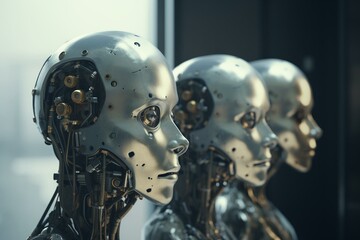 3D render of female robot heads using a cybersecurity interface. Generative AI