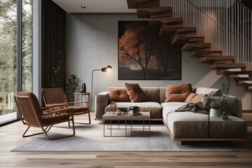 Contemporary living area with frame, modular seating, rattan armchair, ladder and decor. Generative AI