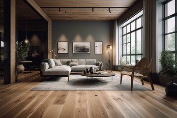 Contemporary room featuring wood floors and ceiling. Generative AI