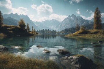 Fototapeta na wymiar Gaming background with cold nature, lake, mountains, trees and sky with clouds. Generative AI