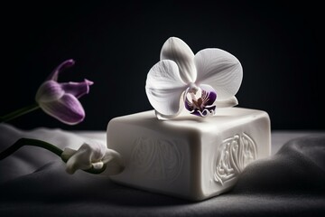 Obraz na płótnie Canvas A white bar soap adorned with an orchid. Generative AI