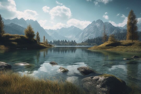 Gaming background with cold nature, lake, mountains, trees and sky with clouds. Generative AI