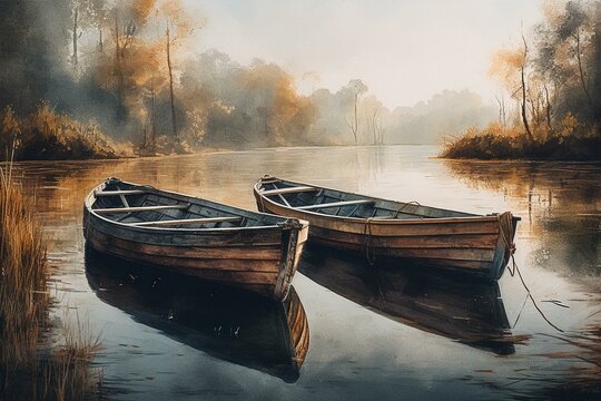 Watercolor painting of two aged boats on a lake. Generative AI