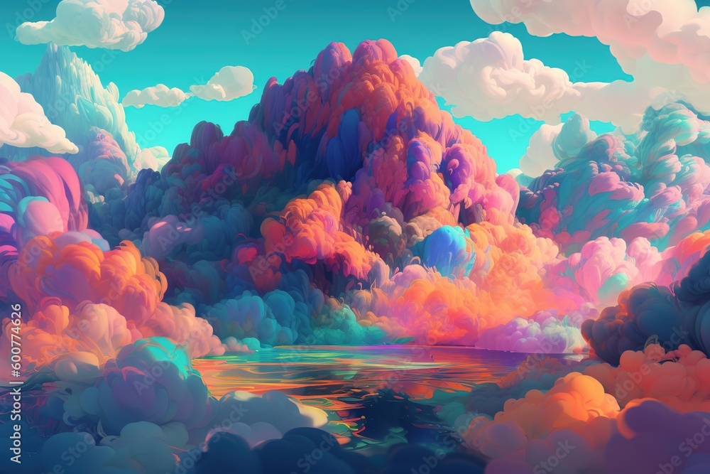 Poster a depiction of variously colored clouds floating over a pool of water generative ai