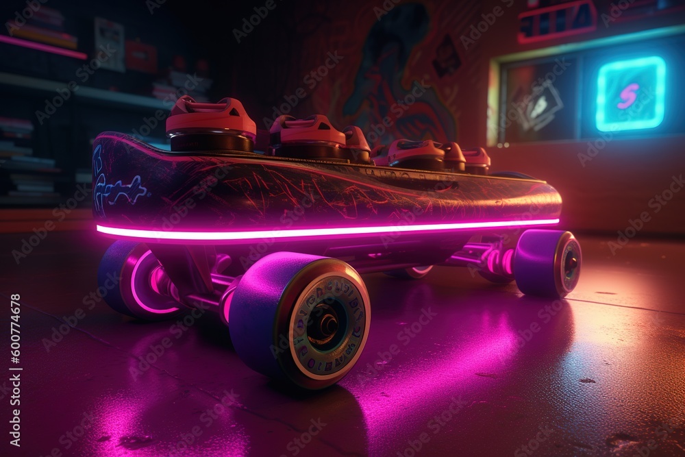 Poster a skateboard that emits a glowing glow when ridden in the dark generative ai