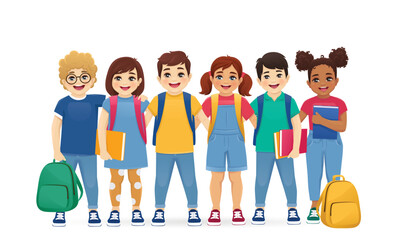 Group of smiling school children boys and girls kids with backpacks hugging together isolated vector illustration 