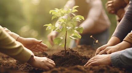 Group of Diverse People Planting Tree Together,Cupping plant nature Environmental. Generative AI.