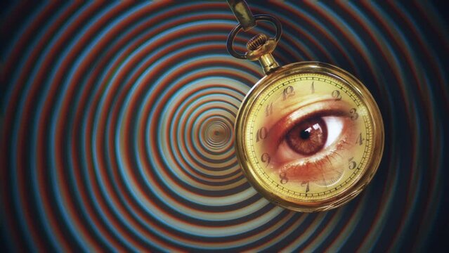 Hypnotic Eye Stare Pendulum Watch Hypnotize Clock Swings Method. Weird eye stare inside a hypnotic pendulum clock, retro style. Motion background