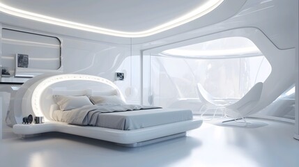 Futuristic and modern bedroom with a white walls and floor. Generative ai illustration