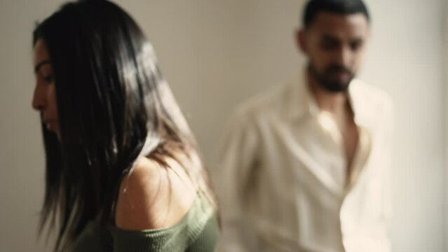 Upset girlfriend discussing problems with boyfriend. Relationship crisis young woman in argument with partner. Distressed person frustrated about behavior