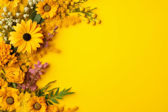 A vibrant yellow background with an assorted flower border Generative AI