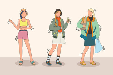 Fototapeta premium Young girl in fashion dress, lady activity characters cartoon ,Trendy one line draw design vector illustration