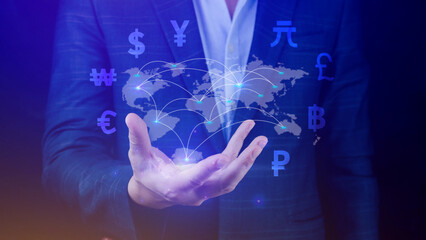 Online banking interbank payment concept. Businessman with virtual global currency symbols in hand. money transfers and currency exchanges between countries of the world.