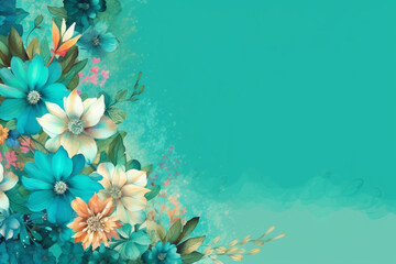 Fototapeta na wymiar A bright turquoise background with an assorted flower border Flower wedding card, invitation, banner Generative AI