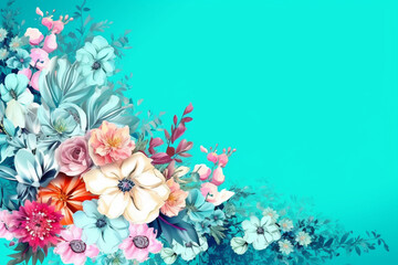 Fototapeta na wymiar A bright turquoise background with an assorted flower border Flower wedding card, invitation, banner Generative AI
