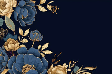A dark navy blue background with a flower border Flower wedding card, invitation, banner Generative AI