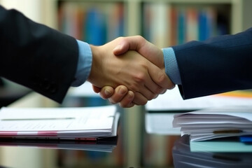 Obraz na płótnie Canvas business handshake on the background of a stack of folders Generative AI