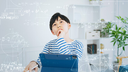 勉強する男の子と科学技術　eラーニング　エドテック