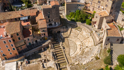 Aerial view of the Roman theater of Terracina, in the province of Latina, Italy. These ancient...