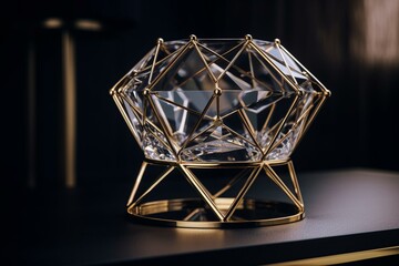 Gold and crystal luxury stand for product advertising, with geometric design. Generative AI