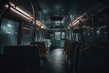 Nighttime view inside illuminated urban bus during transit. Generative AI