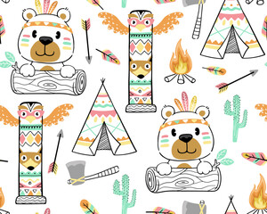 seamless pattern vector of cartoon Indian tribe element with funny bear