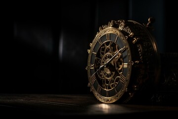 A black background has a golden clock with gears, casting shadows on the wall. Generative AI