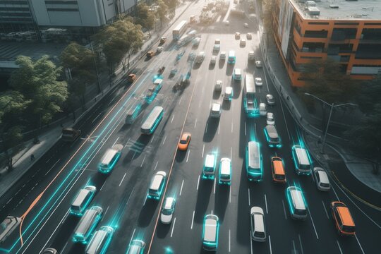 Aerial view of self-driving cars and buses on city intersection. AI sensors control traffic. Future. Generative AI