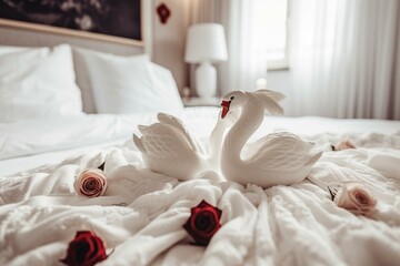 Towel swans kiss on white honeymoon bed with rose Valentine decoration: romantic bedroom. Generative AI