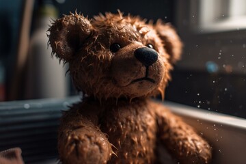 Watercolour of teddy bear washing face, representing cuddly toy during bath time. Generative AI