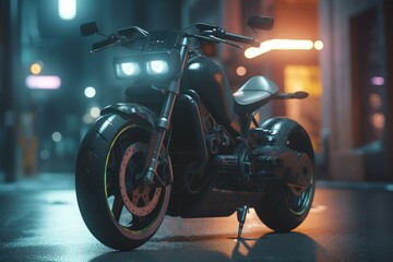 A cyberpunk motorbike in a dystopian street. 3D rendered with low depth of field. Generative AI