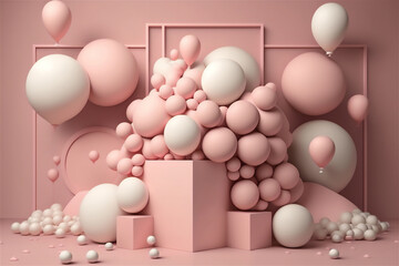 Obraz na płótnie Canvas various pink balloons and cubes shapes in studio, created with Generative AI